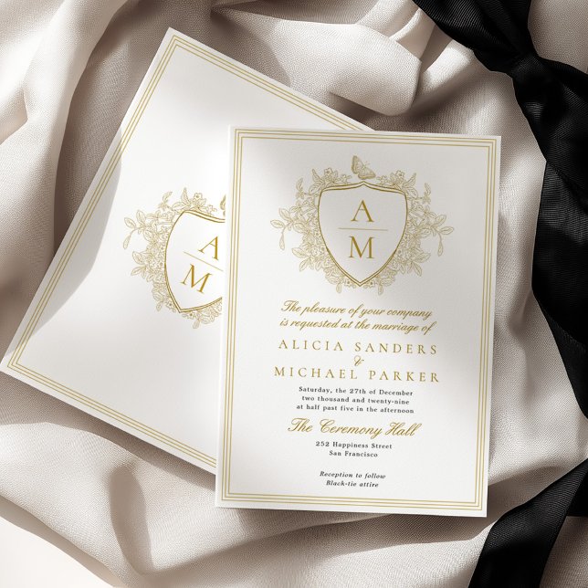 Convites Clássico formal elegante brasão de monograma de ou (Criador carregado)
