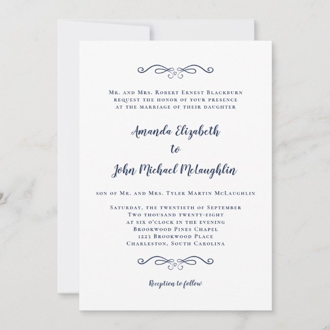 Convites Clássico Formal Elegante Casamento Azul Marinho Br (Frente)