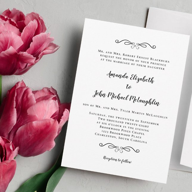 Convites Clássico Formal Elegante Casamento com Letra Preta (Criador carregado)