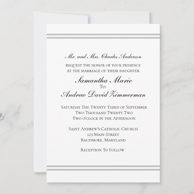 Convites Clássico Formal Elegante Casamento Prata Branco (Frente)