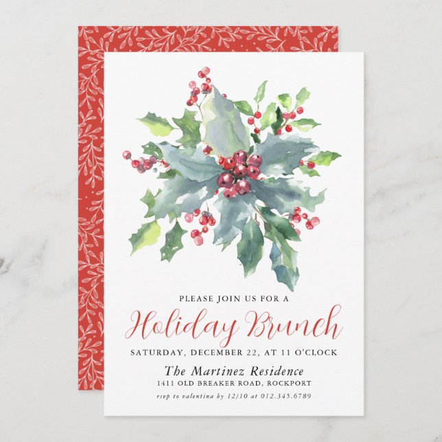 Convites Clássico Holly Berry Greenery Holiday Brunch (Frente/Verso)