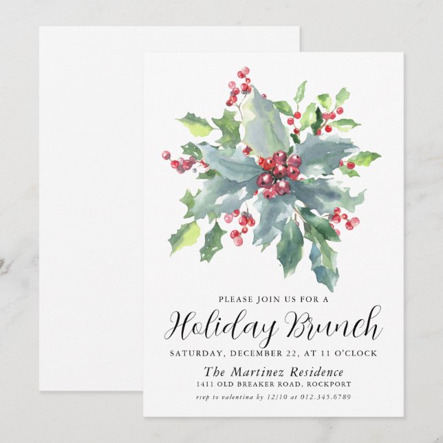 Convites Clássico Holly Berry Greenery Holiday Brunch (Frente/Verso)