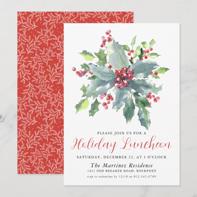 Convites Clássico Holly Berry Greenery Holiday Luncheon (Frente/Verso)