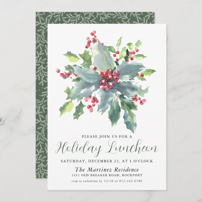 Convites Clássico Holly Berry Greenery Holiday Luncheon (Frente/Verso)