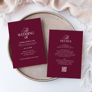 Convites Clássico Luxo Borgonha Casamento QR Code Tudo em
