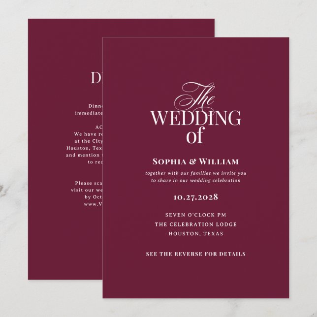 Convites Clássico Luxo Borgonha | Casamento QR Code Tudo em (Frente/Verso)