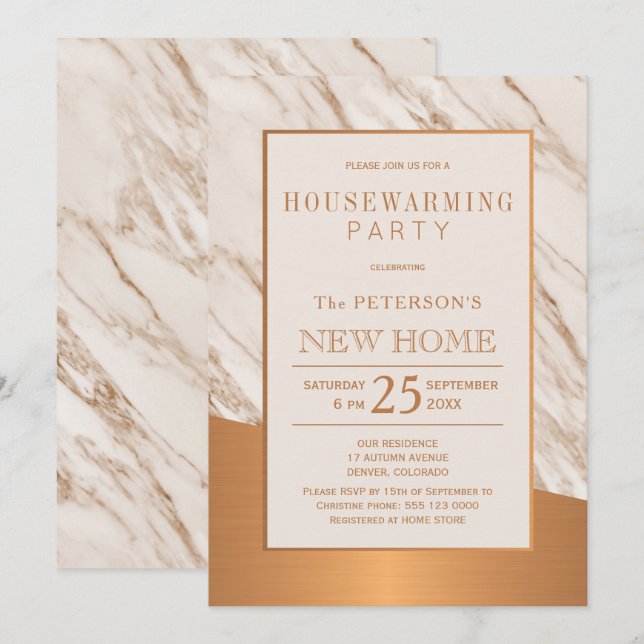 Convites Clássico mármore de cobre elegante festa de inaugu (Frente/Verso)