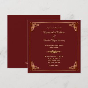 Convites Clássico Maroon Red Frame Casamento Dourado