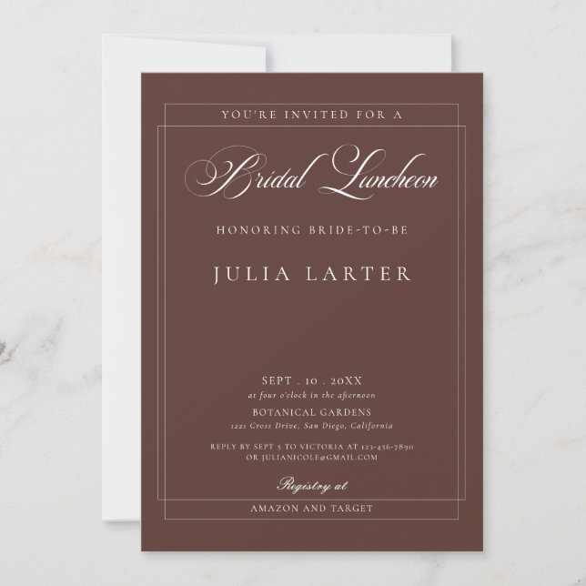 Convites Clássico Marrom Marfim Caligrafia Almoço de Noivad (Frente)