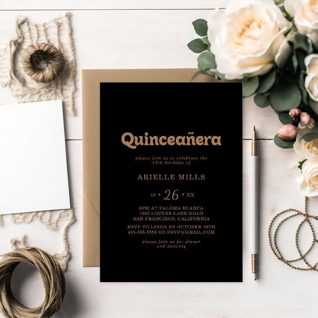 Convites Clássico Minimal Quinceañera Dourado Preto (Criador carregado)