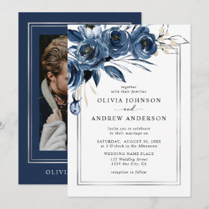 Convites Clássico Moderno Casamento Fotográfico Floral Azul