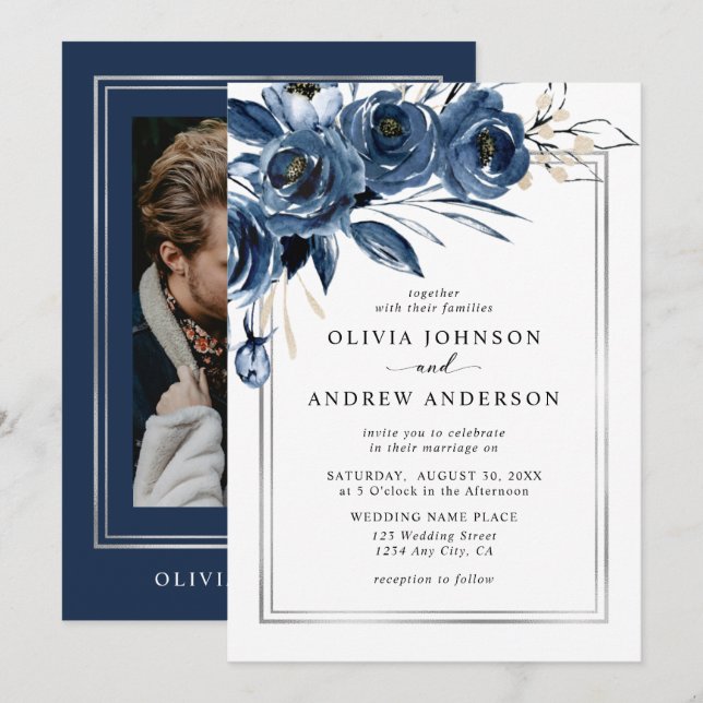 Convites Clássico Moderno Casamento Fotográfico Floral Azul (Frente/Verso)