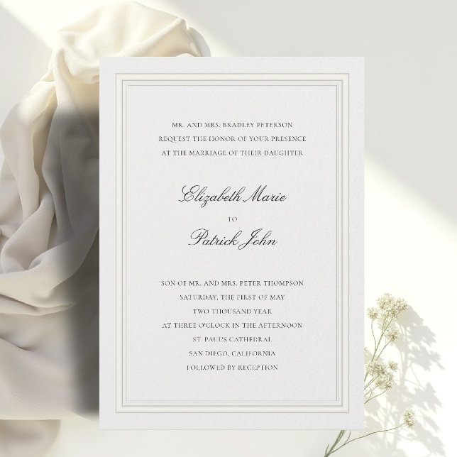 Convites Clássico Moderno Formal Casamento Marfim Grosso e  (formal wedding invitation modern classic double frame thick thin ecru calligraphy parents host)