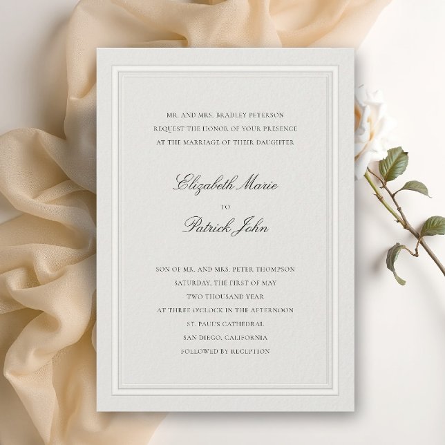 Convites Clássico Moderno Formal Grosso e Fino Ecru Casamen (formal wedding invitation modern classic double frame duo elegant ecru calligraphy parents host)