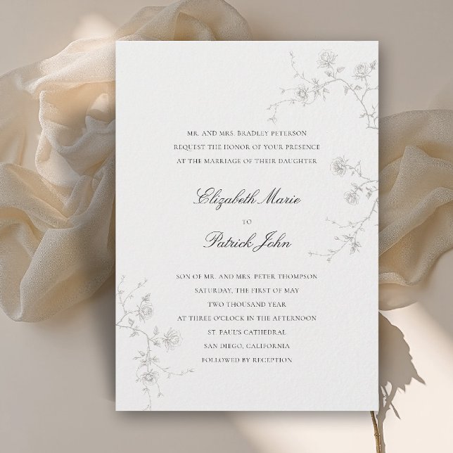 Convites Clássico Moderno Formal Jardim de Rosas Silvestres (formal wedding invitation modern classic wild roses garden sketch floral art calligraphy parent host)