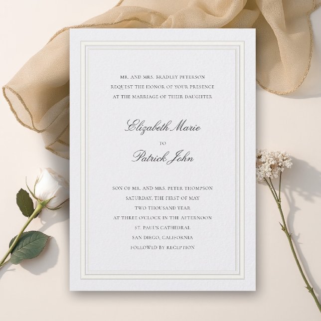 Convites Clássico Moderno Formal Pérola Grossa e Fina para  (formal wedding invitation modern classic double frame duo elegant pearl white calligraphy parents)