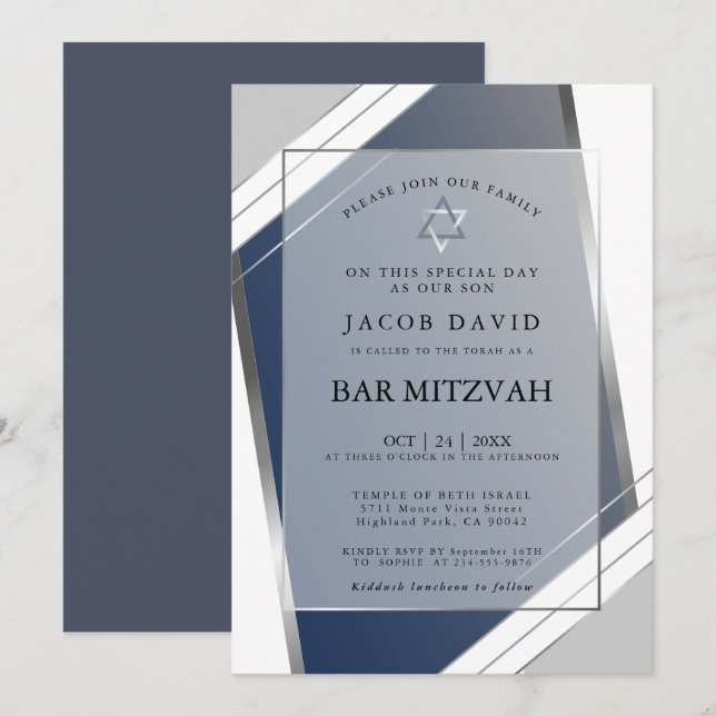 Convites Clássico Moderno Geométrico Azul Bar Mitzvah Prata (Frente/Verso)