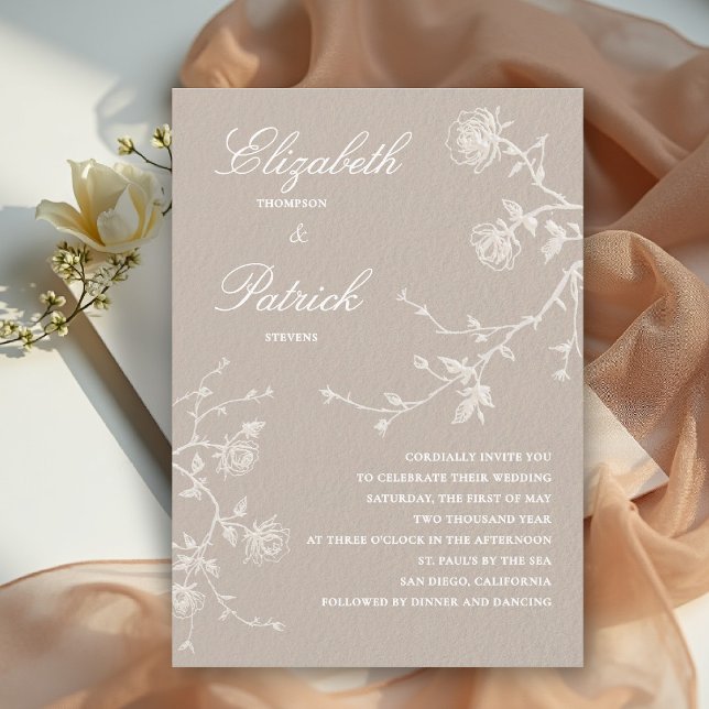 Convites Clássico Moderno Jardim de Rosas Silvestres Linho  (modern classic wedding invitation wild roses floral organic linen calligraphy tan beige white)