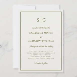 Convites Clássico Moderno Monograma de Casamento Creme e Ve