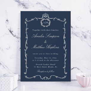 Convites Clássico Moderno Quadro Francês Casamento Azul-Nav