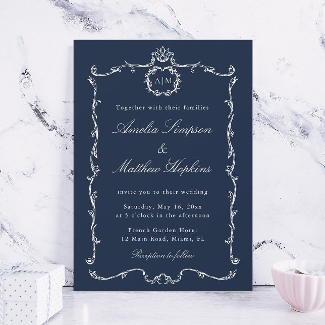 Convites Clássico Moderno Quadro Francês Casamento Azul-Nav (Criador carregado)