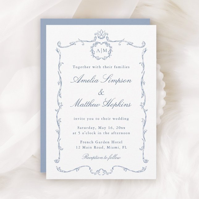 Convites Clássico Moderno Quadro Francês Casamento Azul Poe (Criador carregado)