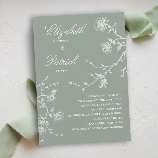 Convites Clássico Moderno Rosas Silvestres Verde Salvia Bra (modern classic wedding invitation wild roses floral organic linen calligraphy sage green white)