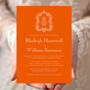 Convites Clássico Monograma Crest Persimmon Orange Wedding
