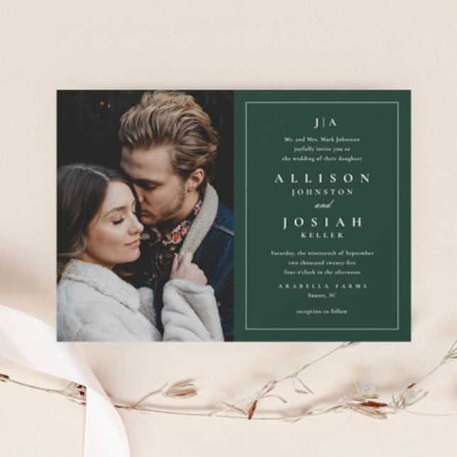 Convites Clássico Monograma Elegante Casamento de Foto (Elegant Dark Green Photo Wedding Invitation.)