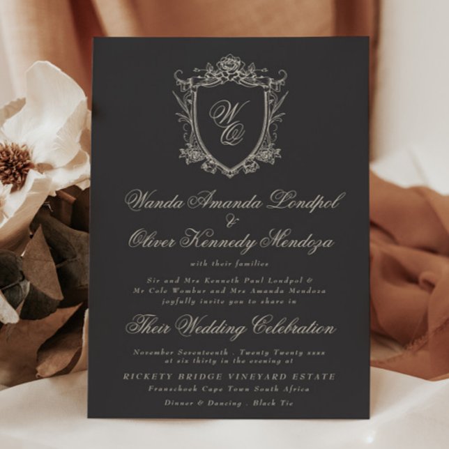 Convites Clássico Monograma Floral Crista de Casamento Carv (Criador carregado)