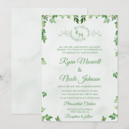 Convites Clássico Monograma Floral Formal Verde casamento