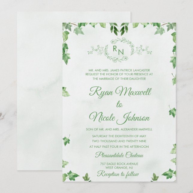 Convites Clássico Monograma Floral Formal Verde casamento (Frente/Verso)