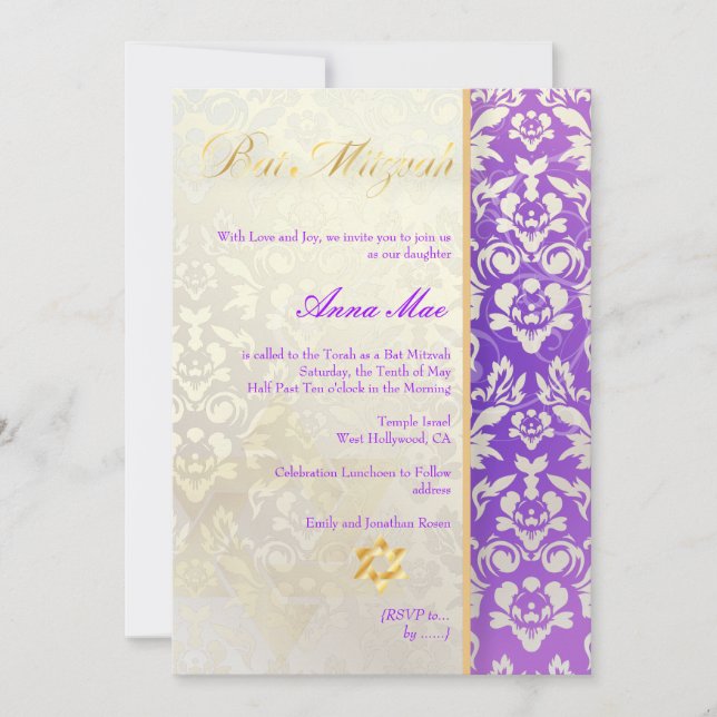 Convites Clássico + Na moda Damask Bat Mitzvah/Lavanda Azul (Frente)