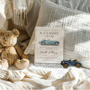 Convites Clássico no Chá de fraldas Carro vintage Azul Faze