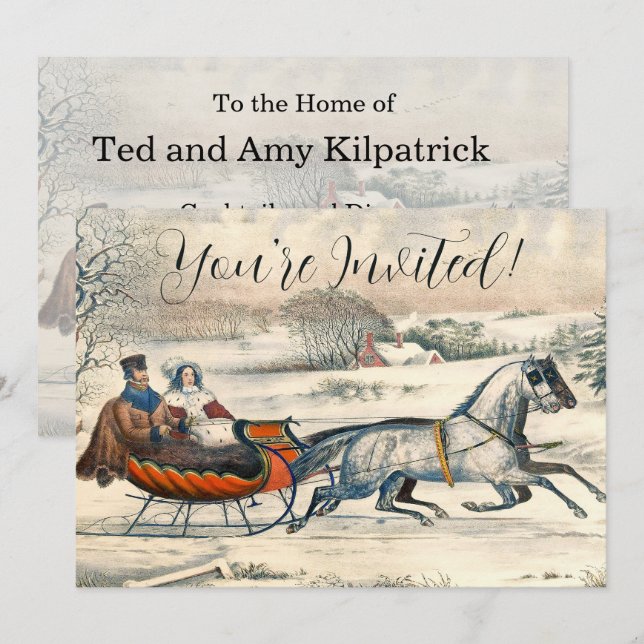 Convites Clássico Passeio de Trenó de 1853 Currier Ives Est (Frente/Verso)