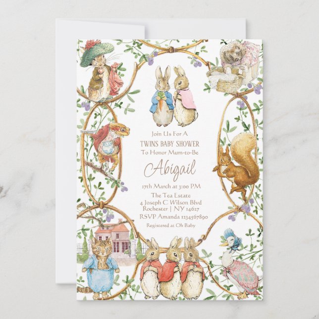 Convites Clássico Peter, o Chá de fraldas Coelho Twins Conv (Frente)