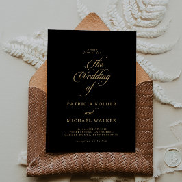 Convites Clássico Preto e Dourado Caligrafia O Casamento De