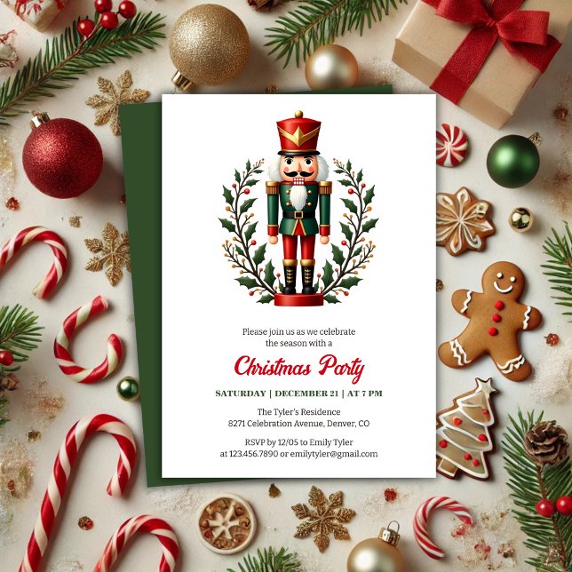 Convites Clássico Red Nutcracker Themed Christmas Party (Classic Red, White and Green Nutcracker Themed Christmas Party Invitation)