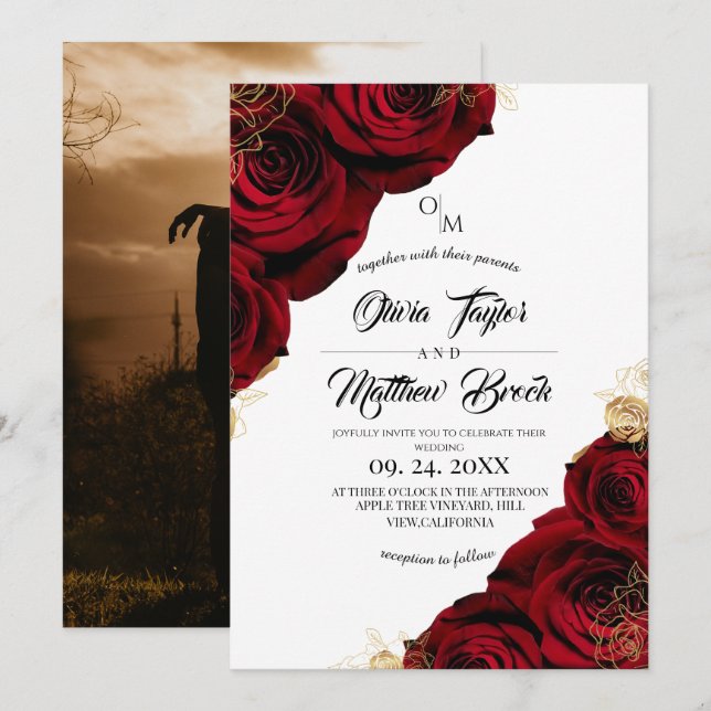 Convites Clássico Romântico Rosa Borgonha Casamento Floral (Frente/Verso)