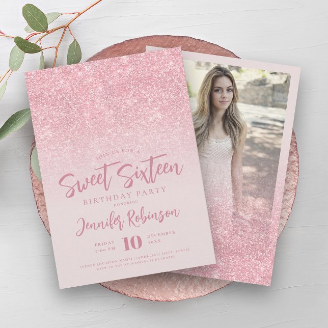 Convites Clássico Rosa Dourado Blush Glitter Foto Sweet 16 (Classy Rose Gold Blush Glitter Photo Sweet 16 Invitation)