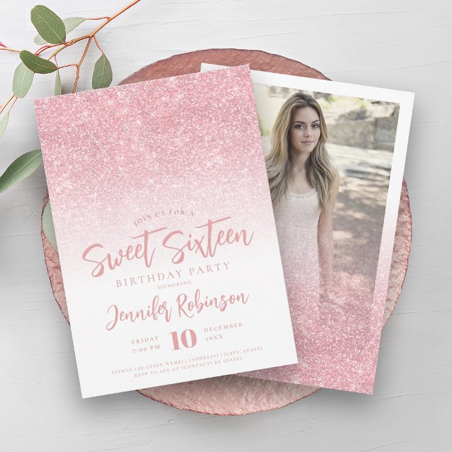 Convites Clássico Rosa Dourado Sparkle Glitter Foto Sweet 1 (Classy Rose Gold Sparkle Glitter Photo Sweet 16 Invitation)