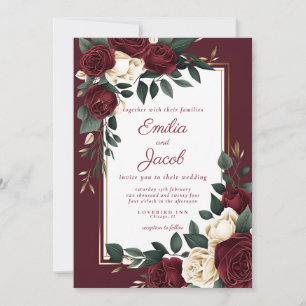 Convites Clássico Rosa Floral Branco Borgonha Dourado Casam