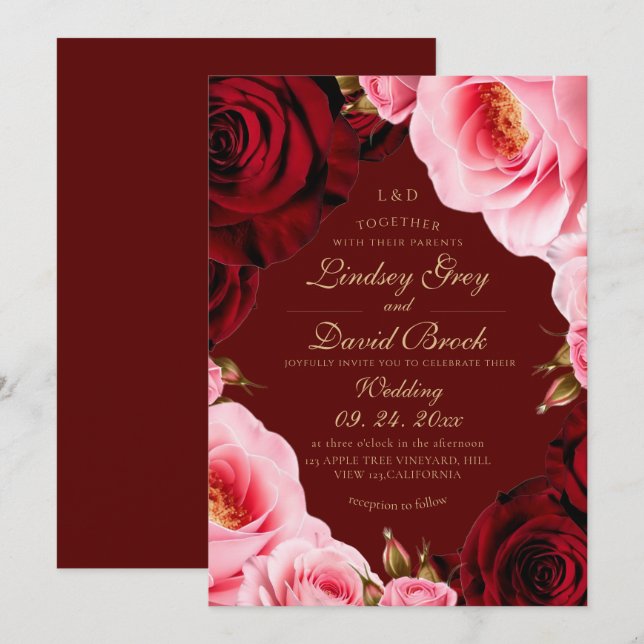 Convites Clássico Rubor Divino Borgonha Rosas Casamento (Frente/Verso)