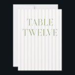 Convites Clássico Sage Green & Beige Wedding 12 Table Numbe<br><div class="desc">Este elegante número de tabela apresenta um fundo listrado de bege suave com tipografia de serifpografia verde-sábio refinada e acentos sutis de script. Projetado para casamentos de jardim, recepções refinadas e comemorações ao ar livre de eternos. Coordena-se com a Coleção de Convite de Casamento "Iris" — clique no link da...</div>