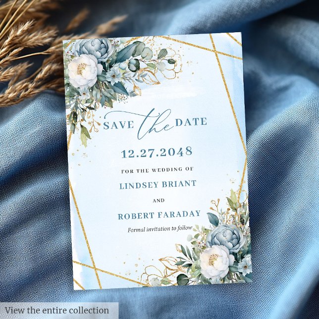 Convites Clássico Save The Date Floral em Azul Poeira Branc (Classic Dusty Blue White Gold Flowers Save The Date)
