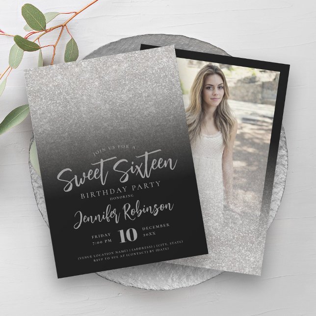 Convites Clássico Silver Black Glitter Foto Sweet 16 (Classy Silver Black Glitter Photo Sweet 16 Invitation)