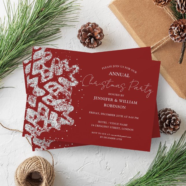 Convites Clássico Silver Glitter Xmas Snowflake Vermelho (Classy Silver Glitter Xmas Snowflake Holiday Red Invitation)