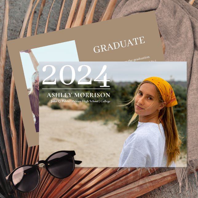 Convites Clássico Simples 2024 Dois Graduação de Areia Foto (Simple Classy 2024 Two Photo Sand Beige Graduation Announcement)