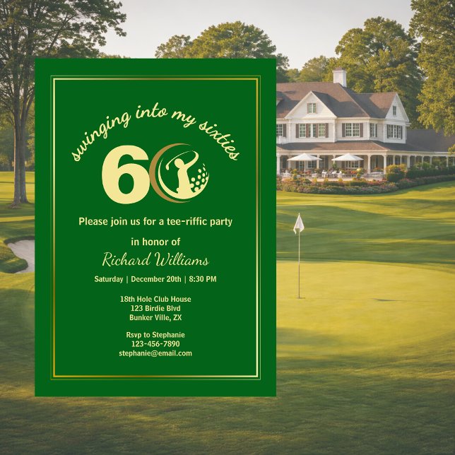 Convites Clássico Verde Dourado do Golfe Jogador 60º Aniver (Criador carregado)
