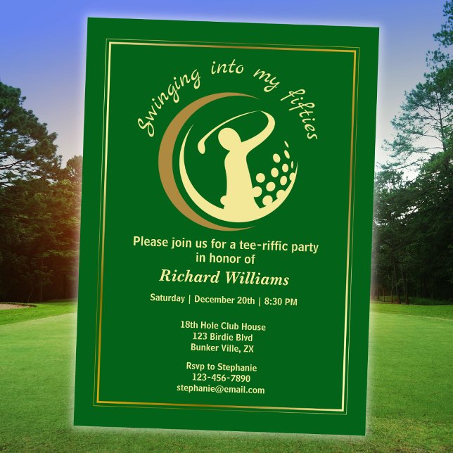 Convites Clássico Verde Dourado Jogador de Golfe Aniversári (Criador carregado)